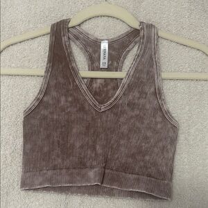 Zara Taupe Ribbed V-Neck Crop Top